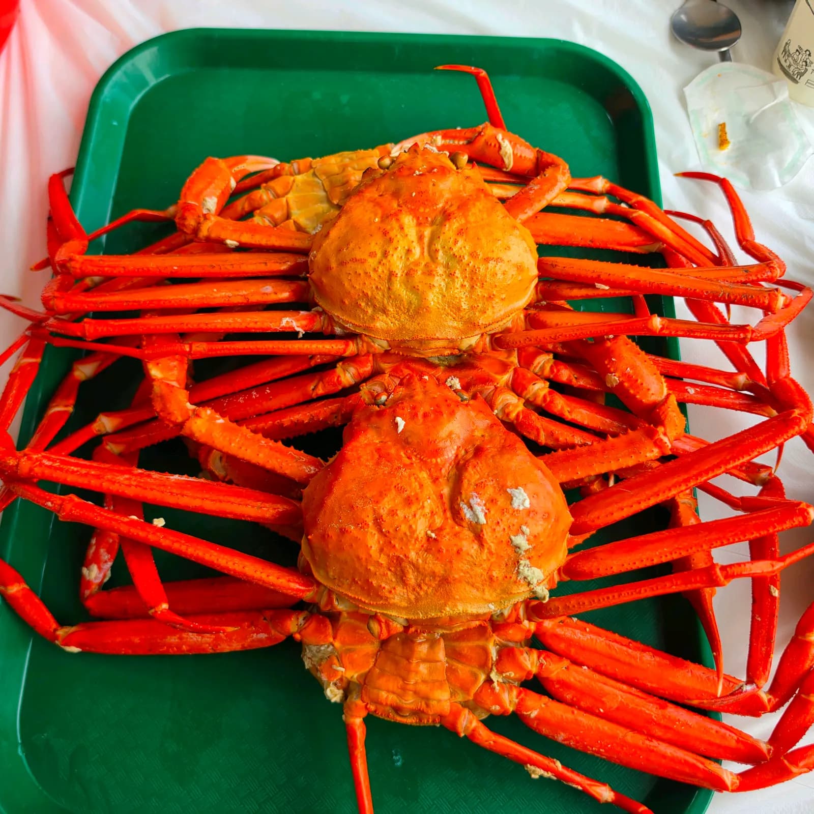 쟁반 위에 막 쪄 낸 홍게 두 마리